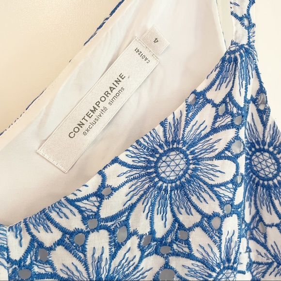 Simons CONTEMPORAINE Blue Daisy Print Cutout Embroidered Dress Size 4 - Picture 3 of 8